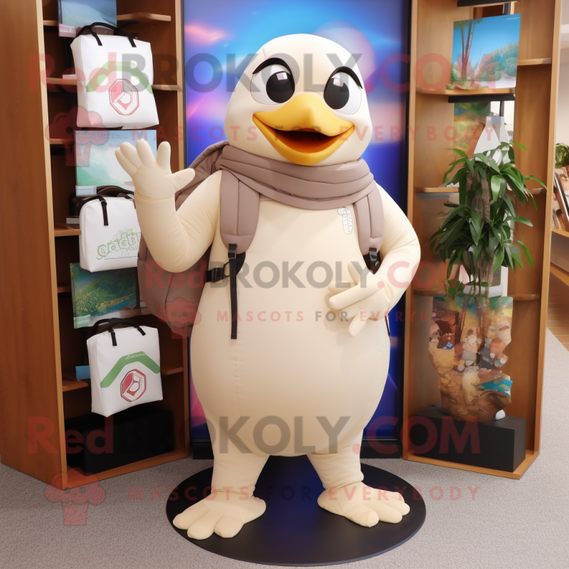 Beige Pigeon mascot costume character dressed with a Yoga Pants and Backpacks Beige Pigeon mascot costume character dressed with a Yoga Pants and Backpacks