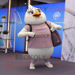 Beige Pigeon mascot costume character dressed with a Yoga Pants and Backpacks
