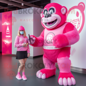 Pink Gorilla mascot costume character dressed with a Mini Skirt and Smartwatches