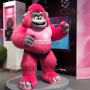 Pink Gorilla mascot costume character dressed with a Mini Skirt and Smartwatches