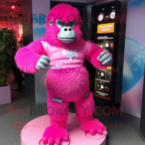 Pink Gorilla mascot costume character dressed with a Mini Skirt and Smartwatches