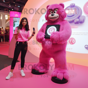 Pink Gorilla mascot costume character dressed with a Mini Skirt and Smartwatches