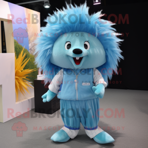 Sky Blue Porcupine mascot costume character dressed with a Culottes and Suspenders