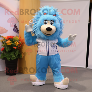 Sky Blue Porcupine mascot costume character dressed with a Culottes and Suspenders