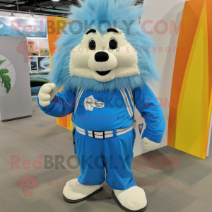 Sky Blue Porcupine mascot costume character dressed with a Culottes and Suspenders