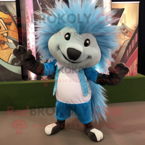 Sky Blue Porcupine mascot costume character dressed with a Culottes and Suspenders