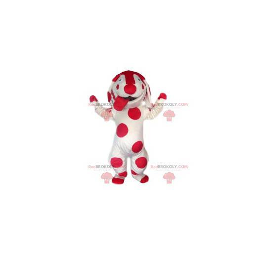 Mascote de cachorro branco com bolinhas fúcsia. Traje de