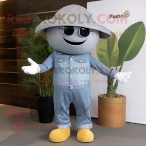 Silver Mango mascot costume character dressed with a Denim Shirt and Hats