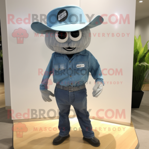 Silver Mango mascot costume character dressed with a Denim Shirt and Hats