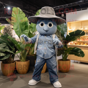 Silver Mango mascot costume character dressed with a Denim Shirt and Hats