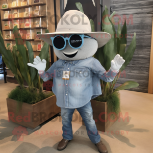 Silver Mango mascot costume character dressed with a Denim Shirt and Hats