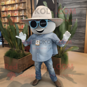 Silver Mango mascot costume character dressed with a Denim Shirt and Hats