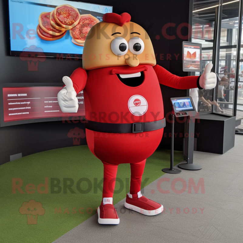 Red Hamburger mascot costume character dressed with a Joggers and Smartwatches Red Hamburger mascot costume character dressed with a Joggers and Smartwatches