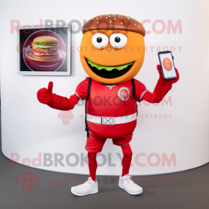 Red Hamburger mascot costume character dressed with a Joggers and Smartwatches