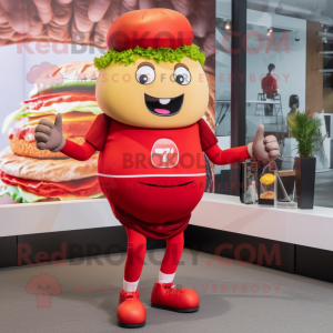 Red Hamburger mascot costume character dressed with a Joggers and Smartwatches