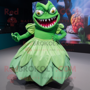 Green Piranha mascot costume character dressed with a Ball Gown and Mittens