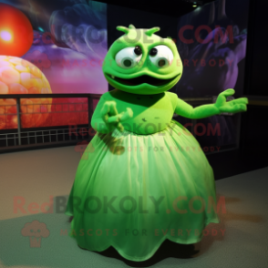 Green Piranha mascot costume character dressed with a Ball Gown and Mittens