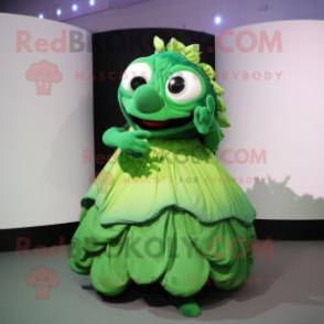 Green Piranha mascot costume character dressed with a Ball Gown and Mittens