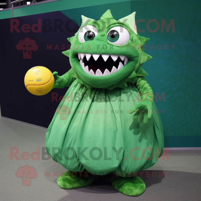 Green Piranha mascot costume character dressed with a Ball Gown and Mittens