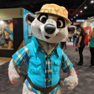 Turquoise Meerkat mascot costume character dressed with a Flannel Shirt and Hat pins