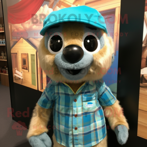 Turquoise Meerkat mascot costume character dressed with a Flannel Shirt and Hat pins