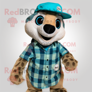 Turquoise Meerkat mascot costume character dressed with a Flannel Shirt and Hat pins