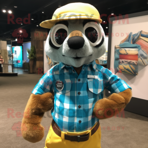 Turquoise Meerkat mascot costume character dressed with a Flannel Shirt and Hat pins