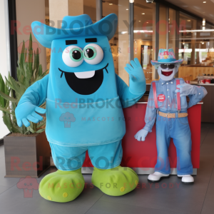 Turquoise Goulash mascot costume character dressed with a Boyfriend Jeans and Shoe clips