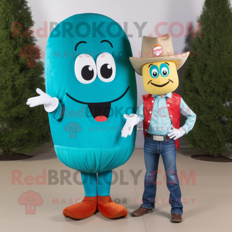 Turquoise Goulash mascot costume character dressed with a Boyfriend Jeans and Shoe clips