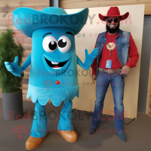 Turquoise Goulash mascot costume character dressed with a Boyfriend Jeans and Shoe clips