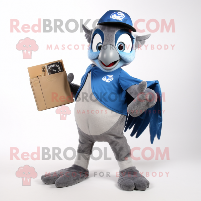 Gray Blue Jay mascot costume character dressed with a Rash Guard and Wallets Gray Blue Jay mascot costume character dressed with a Rash Guard and Wallets