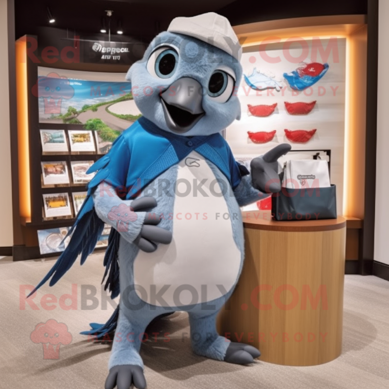 Gray Blue Jay mascot costume character dressed with a Rash Guard and Wallets