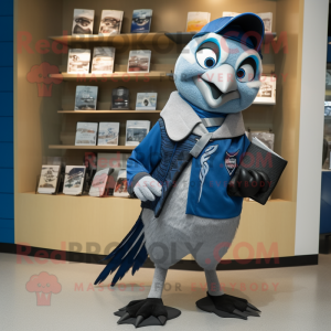 Gray Blue Jay mascot costume character dressed with a Rash Guard and Wallets