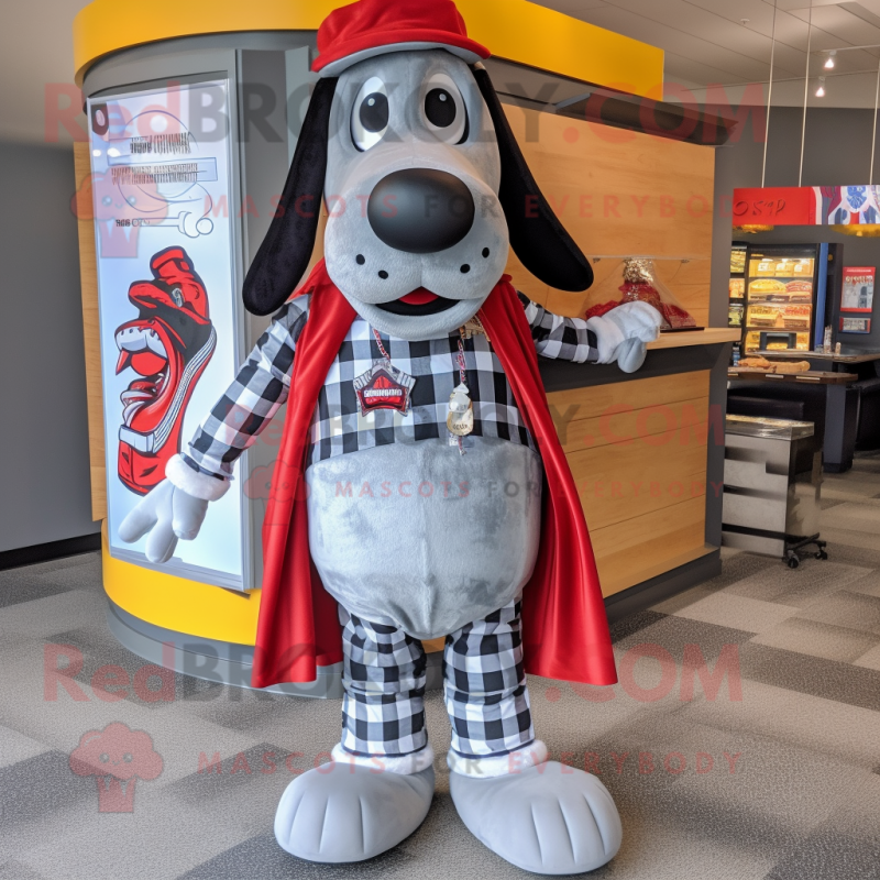 Silver Hot Dog mascot costume character dressed with a Flannel Shirt and Headbands Silver Hot Dog mascot costume character dressed with a Flannel Shirt and Headbands