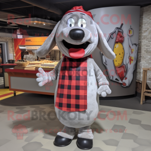 Silver Hot Dog mascot costume character dressed with a Flannel Shirt and Headbands