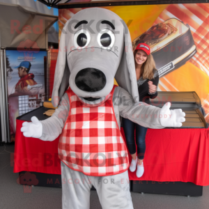 Silver Hot Dog mascot costume character dressed with a Flannel Shirt and Headbands