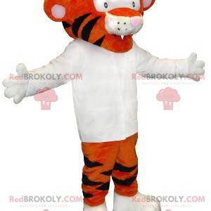 Mascota de tigre naranja y negro con una camisa blanca -