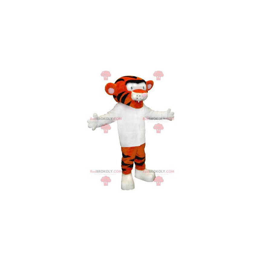 Oranje en zwarte tijger mascotte met een wit overhemd -