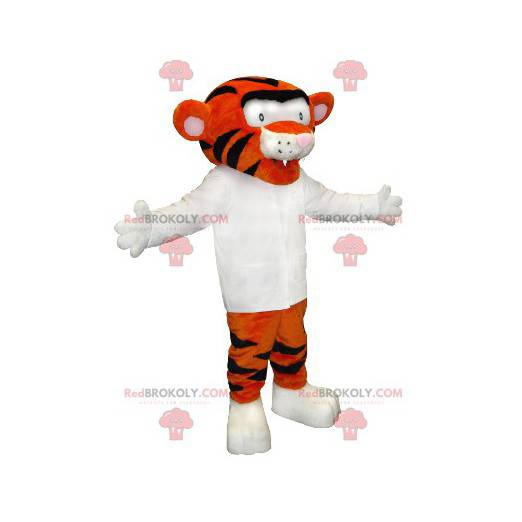 Mascota de tigre naranja y negro con una camisa blanca -