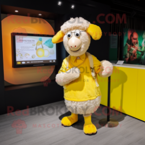 Lemon Yellow Sheep mascot costume character dressed with a Poplin Shirt and Anklets