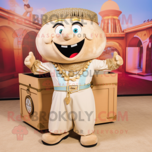 Beige Treasure Chest mascot costume character dressed with a Skirt and Necklaces