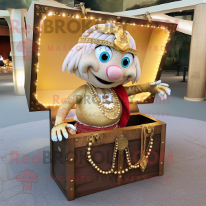 Beige Treasure Chest mascot costume character dressed with a Skirt and Necklaces
