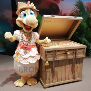 Beige Treasure Chest mascot costume character dressed with a Skirt and Necklaces