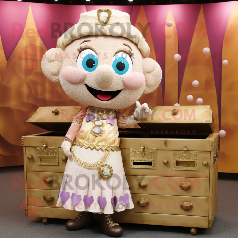 Beige Treasure Chest mascot costume character dressed with a Skirt and Necklaces Beige Treasure Chest mascot costume character dressed with a Skirt and Necklaces
