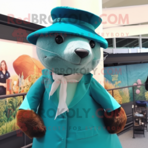 Teal Otter mascot costume character dressed with a Wrap Dress and Hats