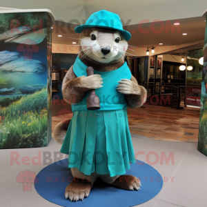 Teal Otter mascot costume character dressed with a Wrap Dress and Hats