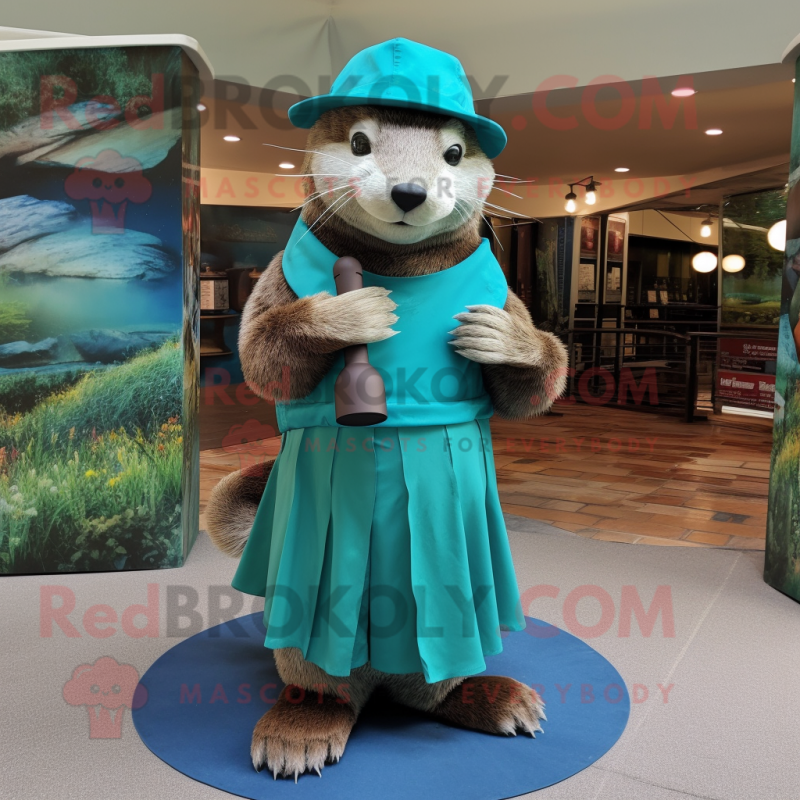 Teal Otter mascot costume character dressed with a Wrap Dress and Hats Teal Otter mascot costume character dressed with a Wrap Dress and Hats