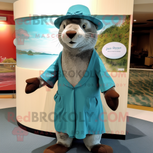 Teal Otter mascot costume character dressed with a Wrap Dress and Hats