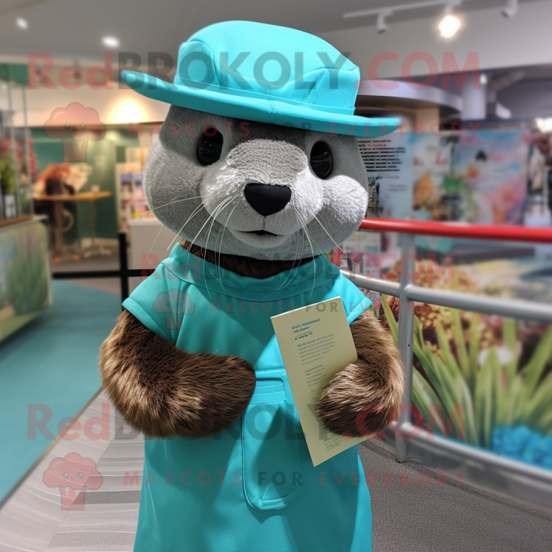 Teal Otter mascot costume character dressed with a Wrap Dress and Hats Teal Otter mascot costume character dressed with a Wrap Dress and Hats