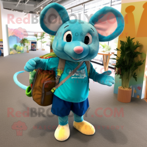 Turquoise Mouse mascot costume character dressed with a Maxi Skirt and Backpacks